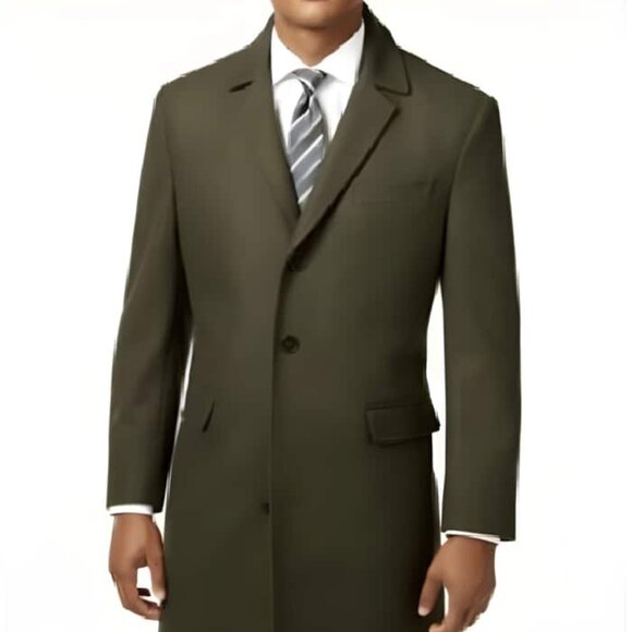Men's Long Jacket Olive Green Wool men's Car Coat Mid Length Three quarter lengt - Picture 1 of 2